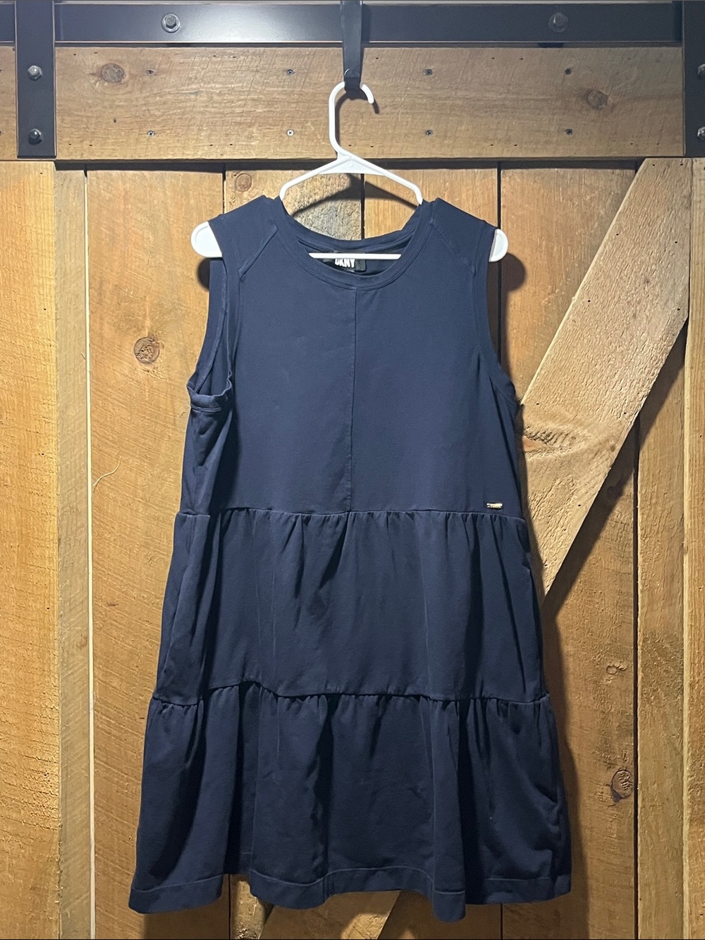 DKNY Navy Sleeveless Tiered Cotton-Blend Dress